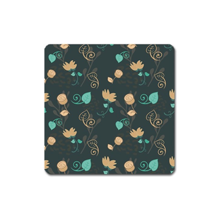 Flowers Leaves Pattern Seamless Green Background Square Magnet