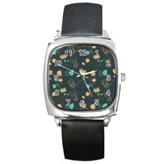 Flowers Leaves Pattern Seamless Green Background Square Metal Watch by Ravend