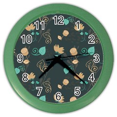 Flowers Leaves Pattern Seamless Green Background Color Wall Clock by Ravend