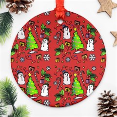 Santa Snowman Gift Holiday Christmas Cartoon Ornament (round) by Ravend