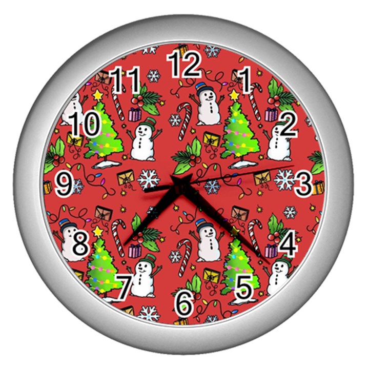 Santa Snowman Gift Holiday Christmas Cartoon Wall Clock (Silver)