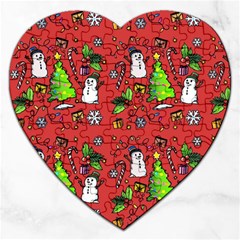 Santa Snowman Gift Holiday Christmas Cartoon Jigsaw Puzzle (heart) by Ravend