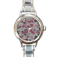 Traditional Cherry Blossom On A Gray Background Round Italian Charm Watch