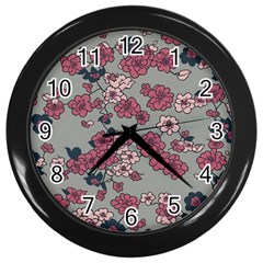 Traditional Cherry Blossom On A Gray Background Wall Clock (black) by Kiyoshi88