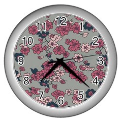 Traditional Cherry Blossom On A Gray Background Wall Clock (silver) by Kiyoshi88