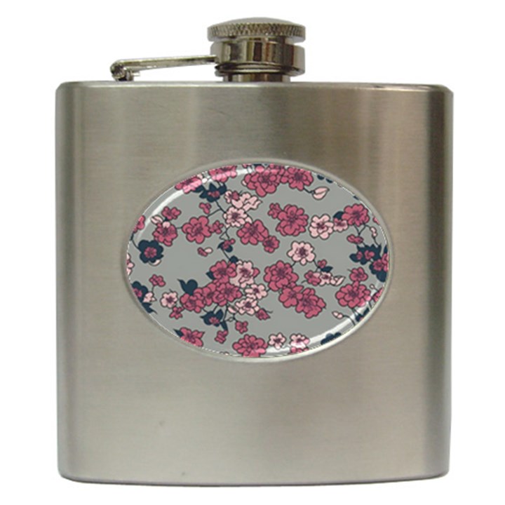 Traditional cherry blossom on a gray background Hip Flask (6 oz)