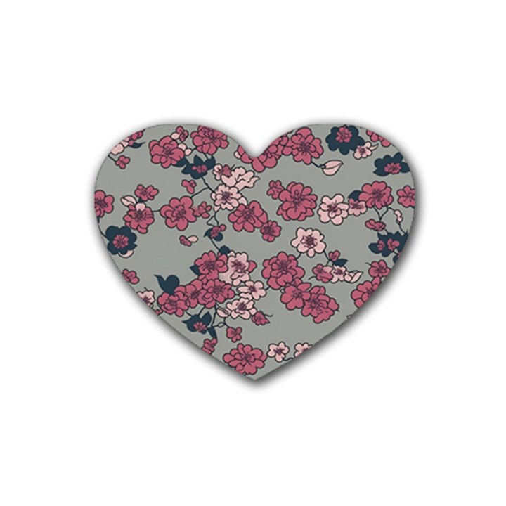 Traditional cherry blossom on a gray background Rubber Coaster (Heart)