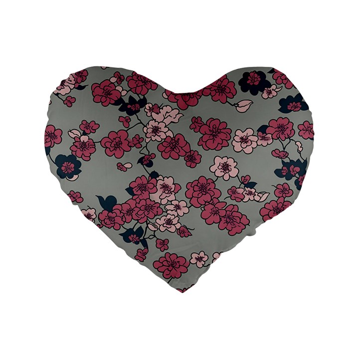 Traditional cherry blossom on a gray background Standard 16  Premium Flano Heart Shape Cushions