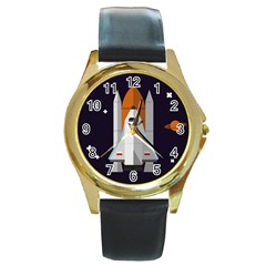 Rocket Space Universe Spaceship Round Gold Metal Watch by Salman4z