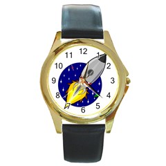 Rocket Ship Launch Vehicle Moon Round Gold Metal Watch by Salman4z