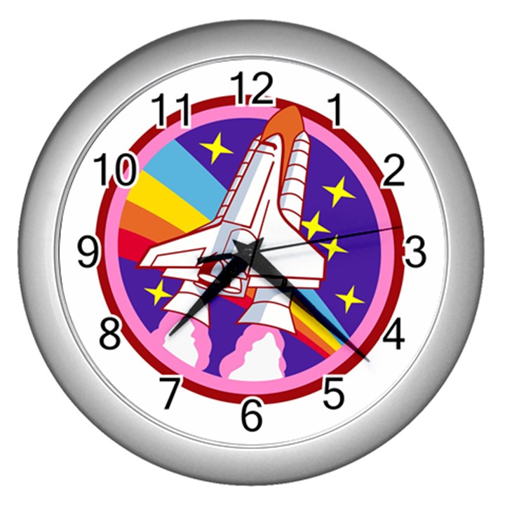 Badge Patch Pink Rainbow Rocket Wall Clock (Silver)