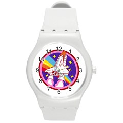 Badge Patch Pink Rainbow Rocket Round Plastic Sport Watch (m) by Salman4z