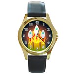 Rocket Take Off Missiles Cosmos Round Gold Metal Watch Front