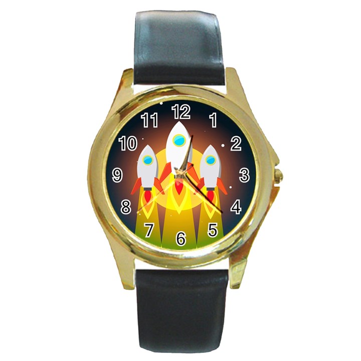 Rocket Take Off Missiles Cosmos Round Gold Metal Watch