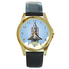 Rocket Shuttle Spaceship Science Round Gold Metal Watch by Salman4z