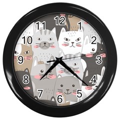 Cute Cats Seamless Pattern Wall Clock (black) by Salman4z