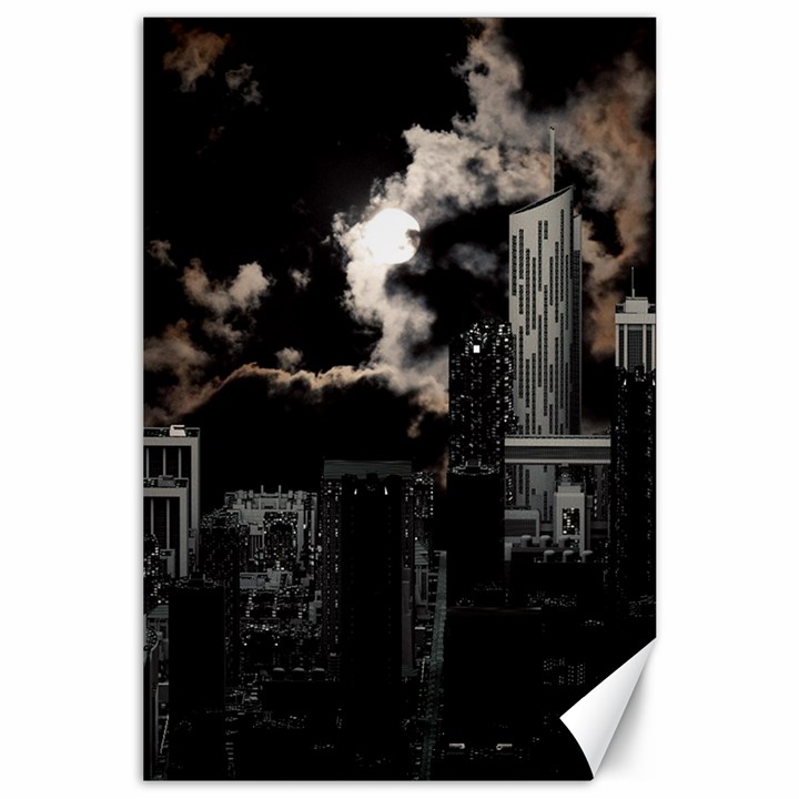 City Night Moon Skyline Skyscraper Canvas 24  x 36 