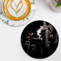 City Night Moon Skyline Skyscraper Uv Print Round Tile Coaster by Salman4z