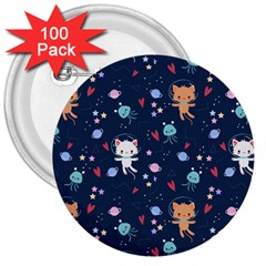 Cute Astronaut Cat With Star Galaxy Elements Seamless Pattern 3  Buttons (100 Pack)  by Salman4z