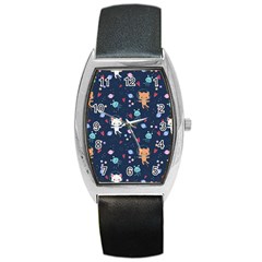 Cute Astronaut Cat With Star Galaxy Elements Seamless Pattern Barrel Style Metal Watch by Salman4z