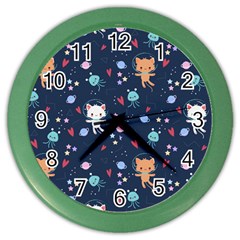 Cute Astronaut Cat With Star Galaxy Elements Seamless Pattern Color Wall Clock by Salman4z