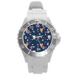 Cute Astronaut Cat With Star Galaxy Elements Seamless Pattern Round Plastic Sport Watch (l) by Salman4z