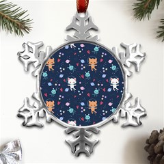 Cute Astronaut Cat With Star Galaxy Elements Seamless Pattern Metal Small Snowflake Ornament by Salman4z