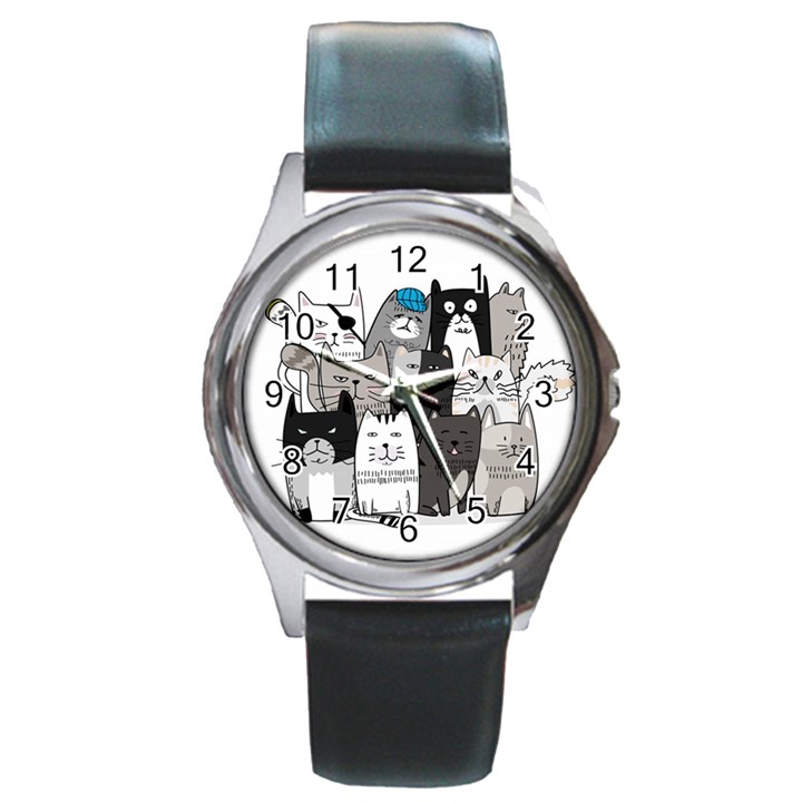 Cute Cat Hand Drawn Cartoon Style Round Metal Watch