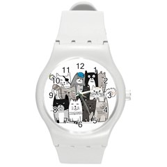 Cute Cat Hand Drawn Cartoon Style Round Plastic Sport Watch (m) by Salman4z