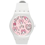 Cartoon Cute Valentines Day Doodle Heart Love Flower Seamless Pattern Vector Round Plastic Sport Watch (M) Front