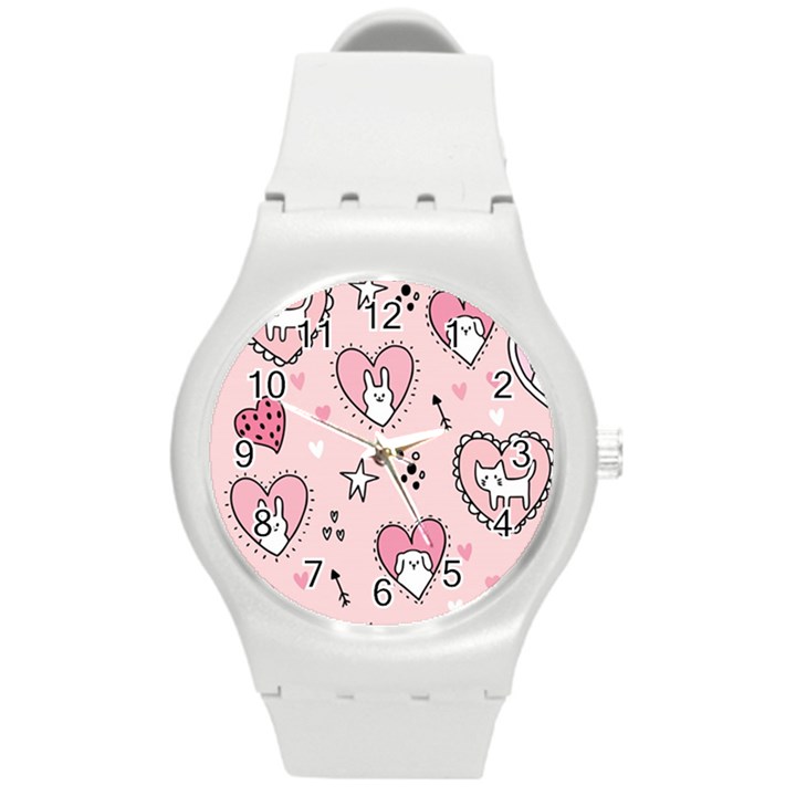 Cartoon Cute Valentines Day Doodle Heart Love Flower Seamless Pattern Vector Round Plastic Sport Watch (M)