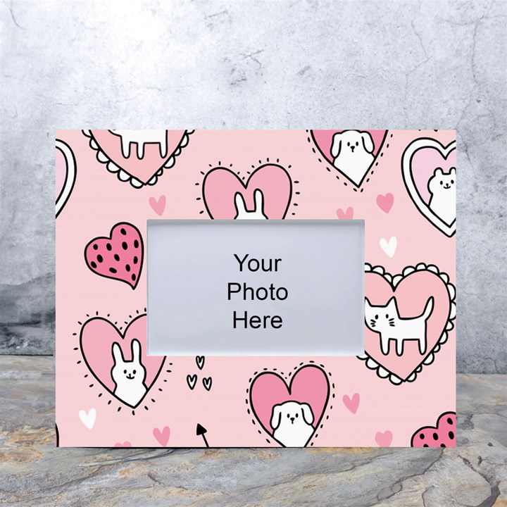 Cartoon Cute Valentines Day Doodle Heart Love Flower Seamless Pattern Vector White Tabletop Photo Frame 4 x6 