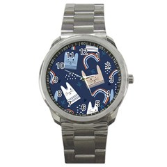 Colorful Cute Cat Seamless Pattern Sport Metal Watch