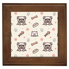 Pug Dog Cat With Bone Fish Bones Paw Prints Ball Seamless Pattern Vector Background Framed Tile by Salman4z