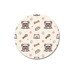 Pug Dog Cat With Bone Fish Bones Paw Prints Ball Seamless Pattern Vector Background Magnet 3  (round) by Salman4z