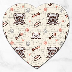 Pug Dog Cat With Bone Fish Bones Paw Prints Ball Seamless Pattern Vector Background Jigsaw Puzzle (heart) by Salman4z