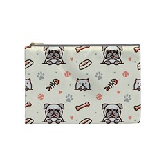 Pug Dog Cat With Bone Fish Bones Paw Prints Ball Seamless Pattern Vector Background Cosmetic Bag (medium) by Salman4z