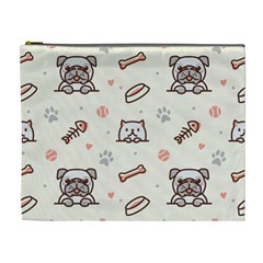 Pug Dog Cat With Bone Fish Bones Paw Prints Ball Seamless Pattern Vector Background Cosmetic Bag (xl) by Salman4z