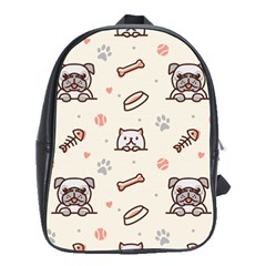 Pug Dog Cat With Bone Fish Bones Paw Prints Ball Seamless Pattern Vector Background School Bag (large) by Salman4z