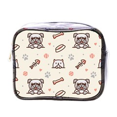 Pug Dog Cat With Bone Fish Bones Paw Prints Ball Seamless Pattern Vector Background Mini Toiletries Bag (one Side) by Salman4z