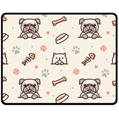 Pug Dog Cat With Bone Fish Bones Paw Prints Ball Seamless Pattern Vector Background Fleece Blanket (medium) by Salman4z