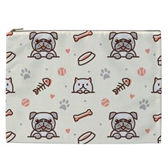 Pug Dog Cat With Bone Fish Bones Paw Prints Ball Seamless Pattern Vector Background Cosmetic Bag (xxl) by Salman4z