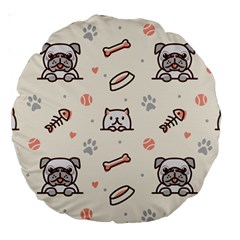 Pug Dog Cat With Bone Fish Bones Paw Prints Ball Seamless Pattern Vector Background Large 18  Premium Round Cushions by Salman4z