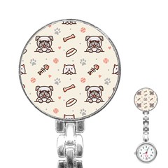 Pug Dog Cat With Bone Fish Bones Paw Prints Ball Seamless Pattern Vector Background Stainless Steel Nurses Watch by Salman4z