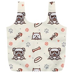 Pug Dog Cat With Bone Fish Bones Paw Prints Ball Seamless Pattern Vector Background Full Print Recycle Bag (xl) by Salman4z