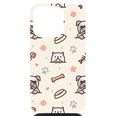 Pug Dog Cat With Bone Fish Bones Paw Prints Ball Seamless Pattern Vector Background Iphone 14 Pro Black Uv Print Case by Salman4z