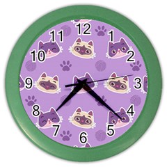 Cute Colorful Cat Kitten With Paw Yarn Ball Seamless Pattern Color Wall Clock by Salman4z