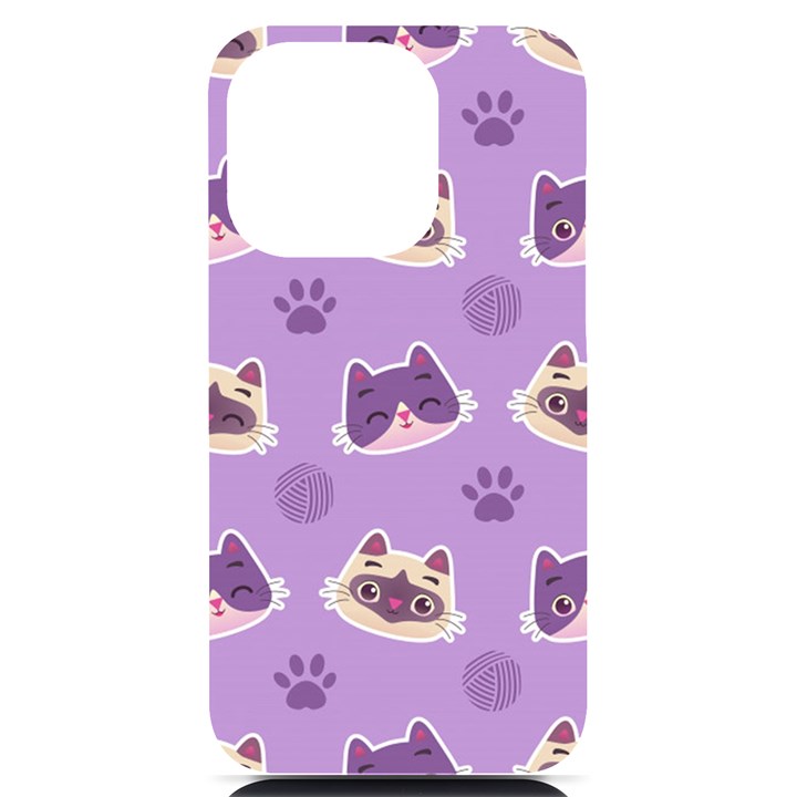 Cute Colorful Cat Kitten With Paw Yarn Ball Seamless Pattern iPhone 14 Pro Black UV Print Case