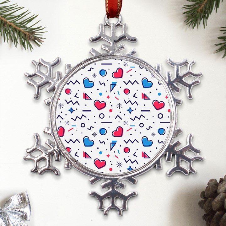 Hearts Seamless Pattern Memphis Style Metal Large Snowflake Ornament