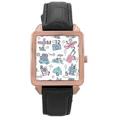 Transportation Seamless Pattern Rose Gold Leather Watch  by Salman4z